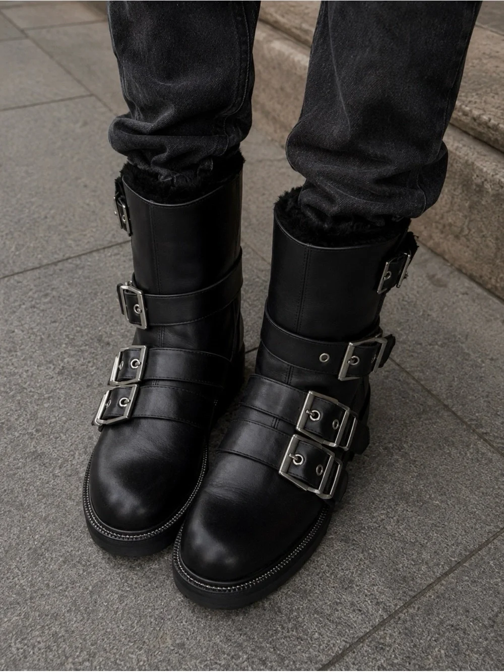 Zara Black Faux Fur Lined Leather Biker Boots Straps Buckle
